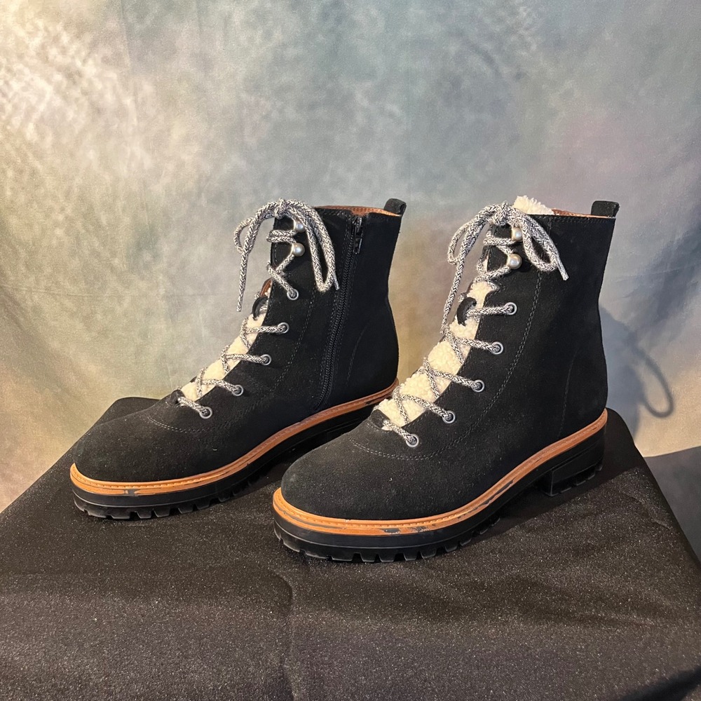 Marc Fisher Izma Black Suede Fur Lined Lace Up Zip Ankle Boots Women's Size 8M